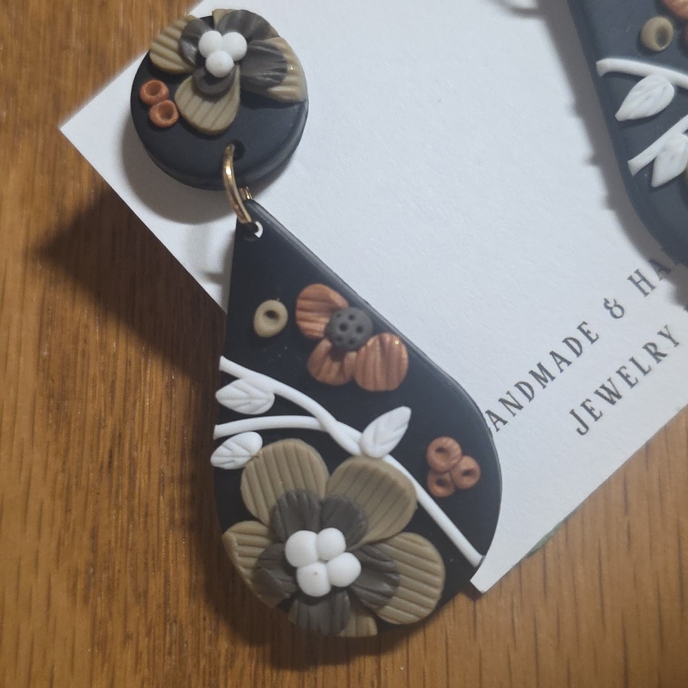 Floral Black and Brown Earrings Handmade - Picture 2 of 4